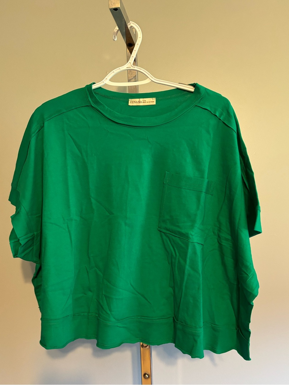 Hold***Zenana Green boxy cropped top pocket raw edgings S/M